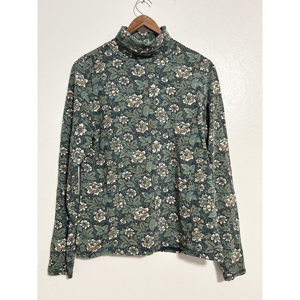 Peruvian Connection Floral Cotton Lycra Turtleneck Shirt Women's L Green Top